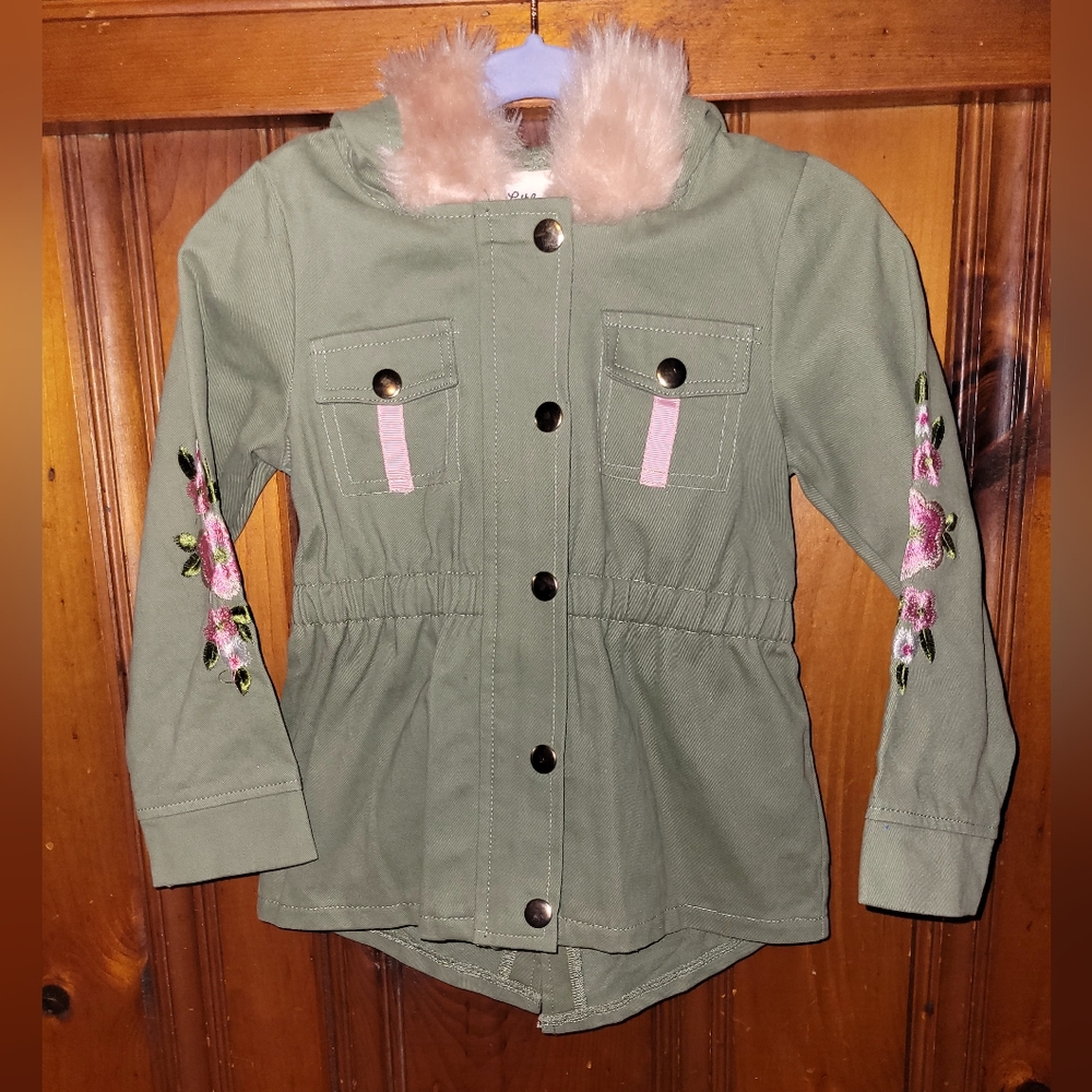 Little Lass, Toddler 4T, Hooded Faux Fur Green Pink Floral Embroidered Coat